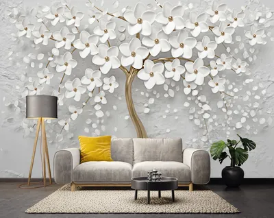 3d Golden tree and white flowers wallpaper | Living room wallpaper for –  Home Decoram