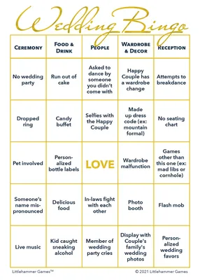 Wedding Bingo - Gold Printable Game Cards – Littlehammer Games