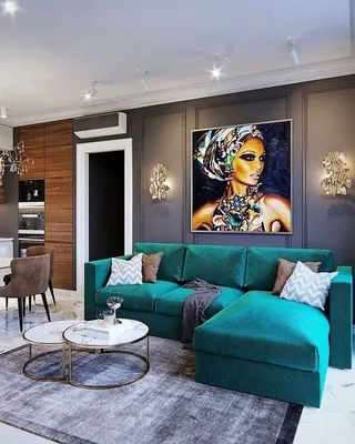 Большой бирюзовый диван в современном интерьере квартиры | Премиум Фото