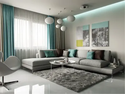 Интерьер комнаты с бирюзовым диваном - 70 фото