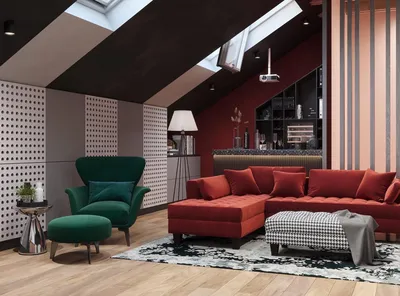 Красный диван в спокойном интерьере квартиры с одной спальней