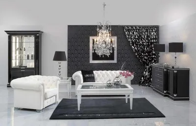 Черная мебель в интерьере гостиной и спальни - цвет сте | Black and white  living room, White interior design, White interior