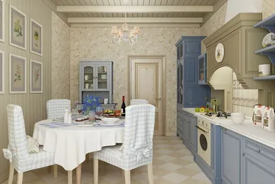 Маленькая белая кухня 6 кв. м с голубыми стенами в стиле прованс. Двушка в  хрущевке