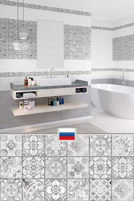 Настенная плитка в ванную комнату, декор полоски под камень