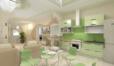 Дизайн гостиной совмещенной с кухней в частном доме с камином