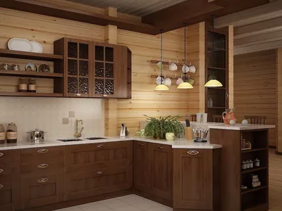 Стильная кухня в деревянном доме: картинка