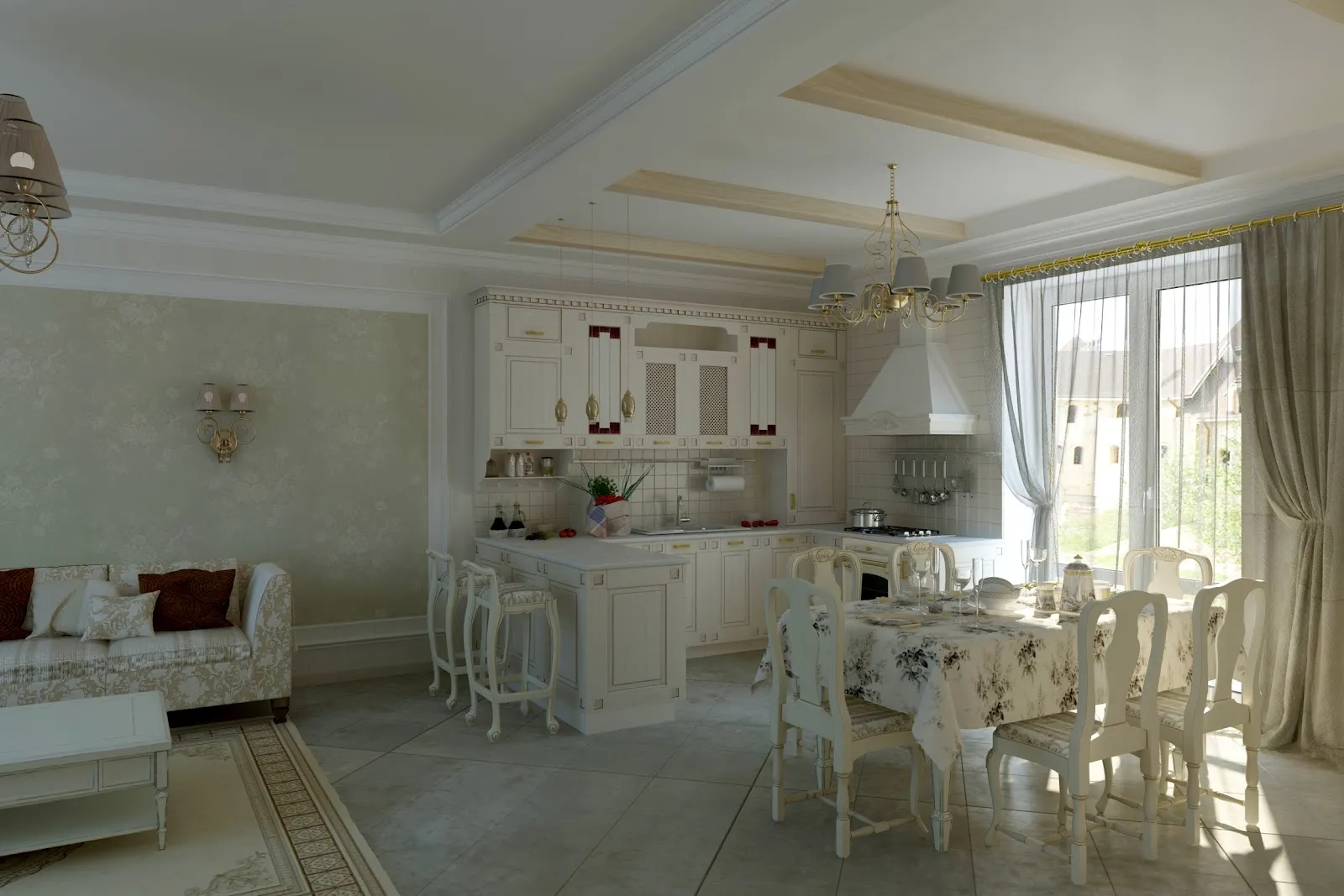 Столовая с отделкой из штукатурки: фотография Столовая с отделкой из штукатурки: фотография
