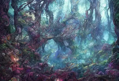 mythical fantasy forest, flowing river, artwork by | Stable Diffusion