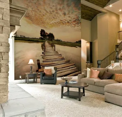 Фотообои в интерьере гостиной: за диваном, на стену, расширяющие  пространство, идеи дизайна, 50+ фото