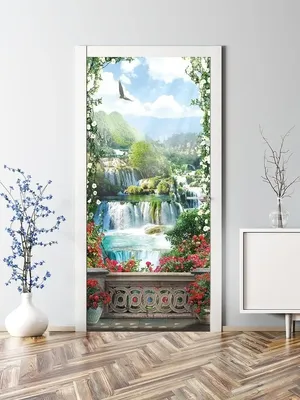 Открытые двери на террасу с видом на цветочные вазы ArtWall