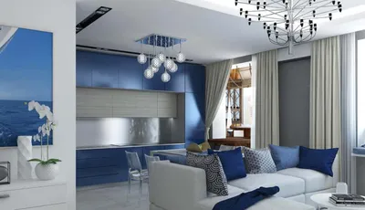 Синие акценты в гостиной в стиле минимализм 24 кв.м. ➤ смотреть фото дизайна  интерьера