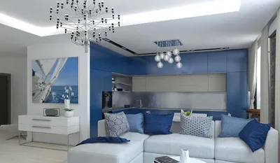 Синие акценты в гостиной в стиле минимализм 24 кв.м. ➤ смотреть фото дизайна  интерьера