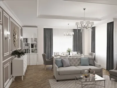 Светлая гостиная в стиле неоклассика с бежевым диваном и белым креслом SPIN  | SKDESIGN