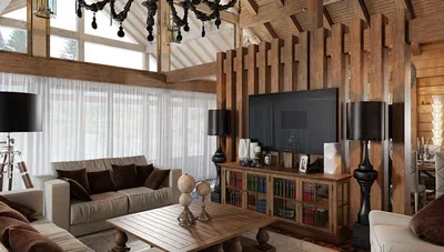 Гостиная в стиле шале – классика и современный, фото интерьеров, подбор  мебели и штор