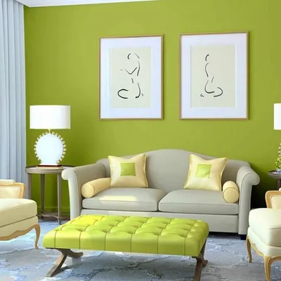 Дизайн интерьера гостиной в белых и зеленых тонах