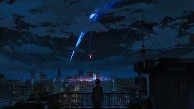 Обои на рабочий стол Мицуха Миямизу / Mitsuha Miyamizu из аниме Твое имя /  Kimi no Na wa / Your Name любуется падающими звездами на фоне заката, обои  для рабочего стола, скачать