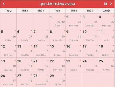 Thông tin lịch âm tháng 2 năm 2024 chi tiết nhất