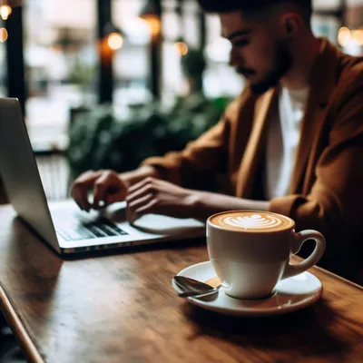 Modern Laptop and Coffee on Cafe Table · Free Stock Photo