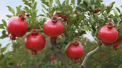 Отделение Гранатового Дерева (Punica Granatum) С Листьями И Спелыми Плодами  На Фоне Голубого Неба. Свободное Место Для Текста Фотография, картинки,  изображения и сток-фотография без роялти. Image 85954171