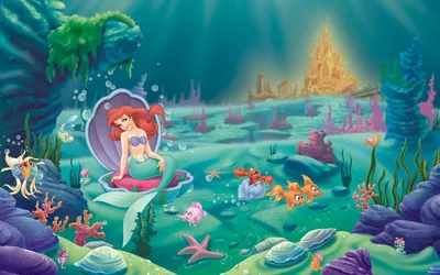 Обои на рабочий стол Ариэль / Ariel из мультфильма Русалочка / The Little  Mermaid сидит в ракушке рядом с друзьями, вдалеке виднеется царство, обои  для рабочего стола, скачать обои, обои бесплатно