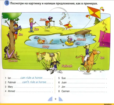 13 ) Посмотри на картинку и напиши предложения, как в примерах. 1 ian .сап  ride. a. hocae. 5 Sue / учебники :: английский язык :: расизм / смешные  картинки и другие приколы: комиксы, гиф анимация, видео, лучший  интеллектуальный юмор.