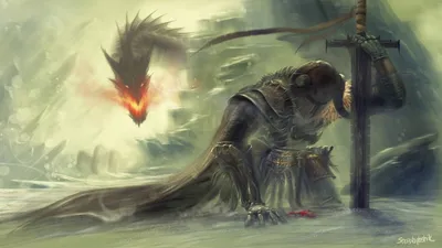 Картинка на рабочий стол дракон, скалы, доспех, снег, воин, skyrim, арт,  меч, огонь 1366 x 768