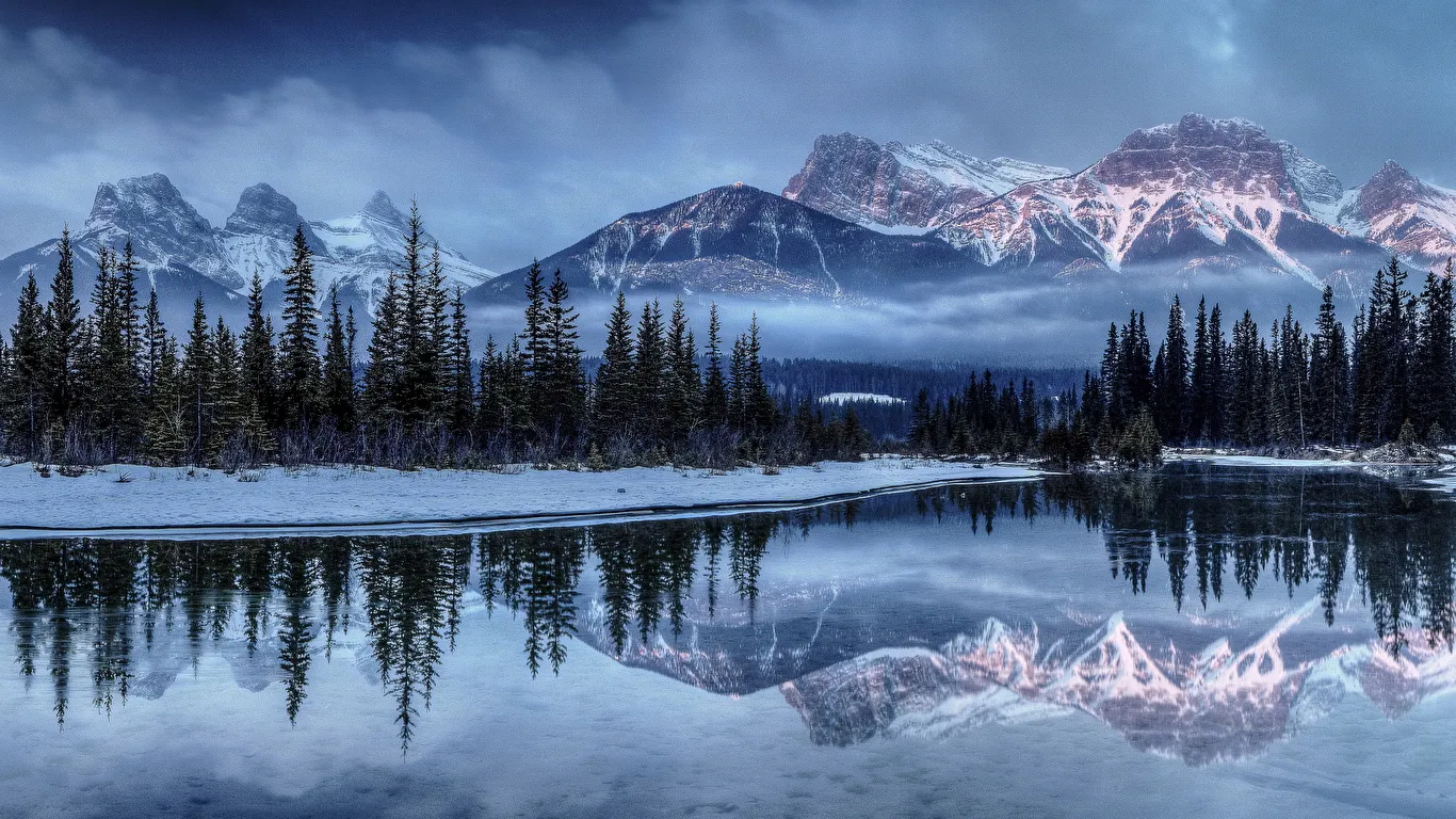 Picture Winter Spruce Nature Mountains Snow Lake Scenery 1366x768 Picture Winter Spruce Nature Mountains Snow Lake Scenery 1366x768