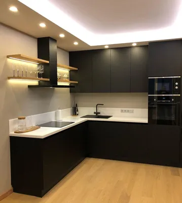 Угловая черная кухня в стиле минимализм \"Модель 768\" в Сургуте - цены, фото  и описание.