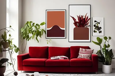 Малиновый диван и журнальный столик горшечные растения синяя тематическая  стена минималистская комната | Премиум Фото
