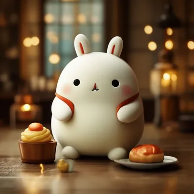 Фото Molang rabbit / Кролик Моланг сидит рядом с клубникой и держит в  лапках сладости