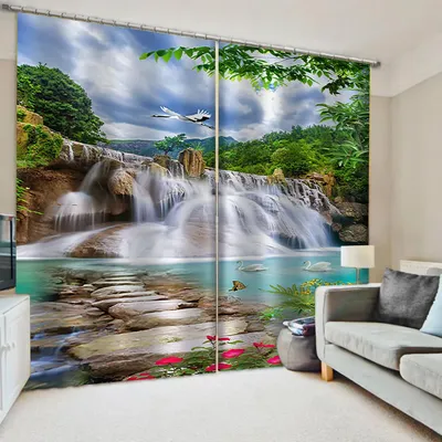 3D Printing Window Curtains Mural Waterfall Green Jungle Blockout Drapes  Fabric | eBay