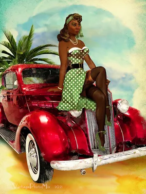 Pin-up custom portrait – Classic car pin-up girl – Personalized pin-up art