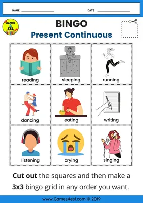 Present Continuous Bingo Worksheet | Present continuous worksheet, Present  continuous tense, Continuity