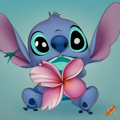 Cartoon stitch with pink plumeria on hawaiian background on Craiyon