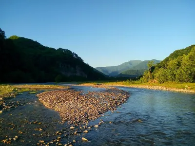 Горная река Шахе в августе в районе Головинки (Лазаревский район, Сочи).  Утро фотография Stock | Adobe Stock