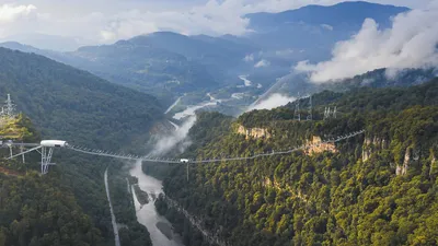 A view from the skybridge ,height of 207 metes, in extreme adventure  national park, Sochi,Russia. Stock Photo | Adobe Stock