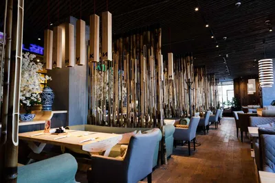 MOSCOW - AUGUST 2014: Interior of the Japanese sushi restaurant chain \" TANUKI\". Many tables on the closed summer veranda of the restaurant Stock  Photo - Alamy